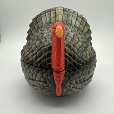 Vintage 70s Ceramic Turkey Covered Candy Dish Thanksgiving Autumn Painted grey picture