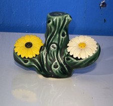 Vintage Ceramic Daisy Salt Pepper Shakers Tree Stump Holder Kitsch Cottagecore picture