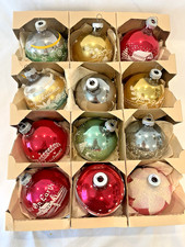 12 Vtg 1950s Shiny Brite Printed Scenes Words Frosted Christmas Ornament Box picture