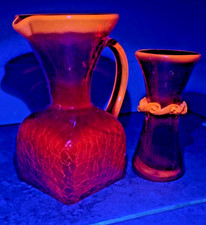 Vintage Blenko? Rainbow?Amberina Flourescent Crackle Glass  Pitcher & Vase Rare picture