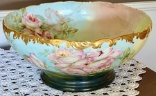 XL Antique Limoges France Hand Painted Pink Drop Rose Punch Centerpiece Bowl picture