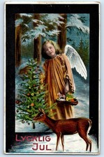 c1910's Christmas Angel And Deer With Christmas Tree Winter Scene Postcard picture