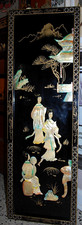 Vtg Asian GEISHAS Japanese BLACK LACQUER MOTHER OF PEARL Wall Art Panel 36”x12” picture