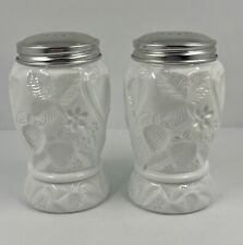 Vintage Pearlescent White Milk Glass Strawberry Pattern Salt & Pepper Shakers picture