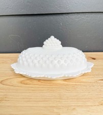 Vintage Fenton White Milk Glass Hobnail Oval Covered Butter Dish Retro Kitchen picture