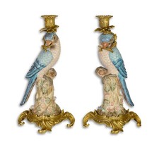 PAIR OF BRONZE MOUNTED PORCELAIN PARROT CANDLE HOLDERS NEW FIGURE Candlesticks picture