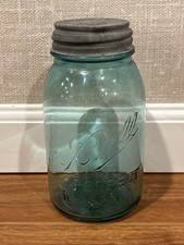 One Vintage 1900-1910 Blue Ball Pint Perfect Mason Jar - Zinc Lid With Bubbles picture