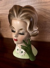 Vintage Napco C6428 Lady Head Vase 7.5 inches Pearls Daisy Long Green Glove Hand picture