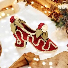 VTG Katharine's Collection Wayne M. Kleski Red Velvet Victorian Shoe Satin Roses picture