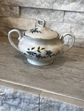 Vintage Made in Poland Porcelain Sugar Bowl w Lid Blue Floral Gold Trim Cottage picture