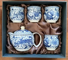 Blue-and White Porcelain Dragon-Phoenix Tea Set_5 Pieces_New picture