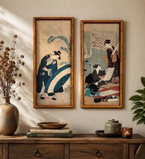 VNT 70s Japanese Ukiyo-e Print Pair Bamboo Frame Koryusai Toyohiro Oriental Dec picture