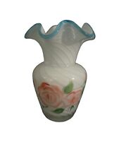 Vtg Fenton Teleflora Vase White Optic Swirl Blue Crest Hand Painted Roses 6