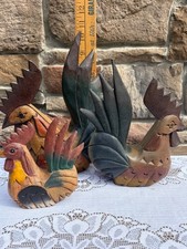 Vintage Hand Carved Wooden Rooster Figurine Lot of 3 Painted Folk Art Sculptures picture