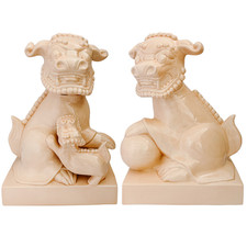 Large Scale Vintage Monochrome Blush Pink Glazed Ceramic Foo Dogs 13
