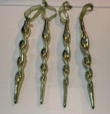 Set Of 4 Vtg Hand blown Glass 8” Twist Drop Ornaments Verde Green picture