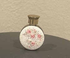 Vintage Floral Guilloche Enamel Perfume Bottle Gold Tone Stopper Mini picture