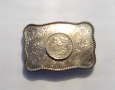 large heavy sterling silver belt buckle with silver Morgan dollar (138 gr) picture