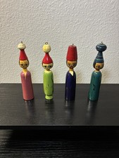 Vintage Egyptian Spindle Dolls Set of 4 Hand Painted Wood Folk Art Made In Egypt picture