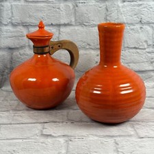 Lot of 2 Vintage Bauer Pottery Orange Ringware Open Water Bottle + Lidded Carafe picture