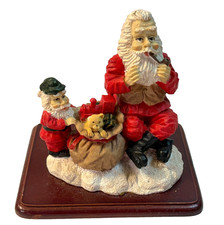 Vintage Resin Santa Claus w Pipe and Helper FigurineOn Wood Base picture