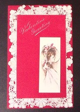 1910S ANTIQUE VALENTINE CARD LACE BORDER GIBSON GIRL WOMAN BONNET HAT Z8408 picture