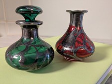 Two Antique Art Nouveau Green  Red Glass Sterling Silver Overlay Perfume Bottle picture