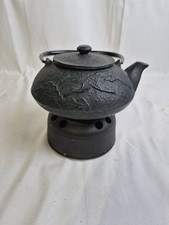 Antique Japanese Cast Iron Tetsubin Teapot Birds Black Tea Kettle w/ Base picture