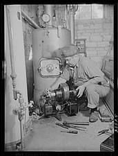 Photo:Fuel Conservation 1910s Man Repairing Boiler Furnace Engine Room picture