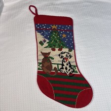 Christmas Stocking Vintage Needlepoint Dalmatian Dog, Cat & Tree Red  18” Velvet picture