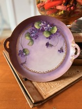 Antique Bavaria Hand Painted Violet Floral Handled Serving Dish Signed picture