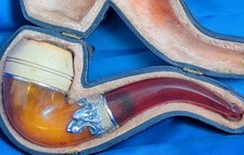 CPF Amber Smoking Tobacco Pipe & Stem Gold Filled Band Sterling Lion Or Wolf Vtg picture