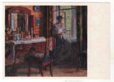 1976 A Lady girl at the window reads Rustic INTERIOR Old Soviet Russian postcard picture