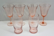 6 VTG Pink Swirl Glass Water Goblet & Tumbler Mix Lot Retro Depression Etched picture