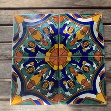 VTG Terra Cotta Spanish Mexican TALAVERA 4 Patterned Tiles Trivet Coaster 4’ NEW picture