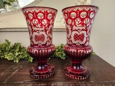 Antique Egermann Bohemian Etched Ruby Red Pair Large Glass Vases Jumping Stags picture