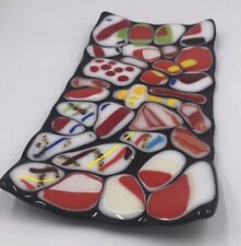 Fused Glass Abstract Tray Trinket Curved Centerpiece Black White Red Yellow 10x5 picture