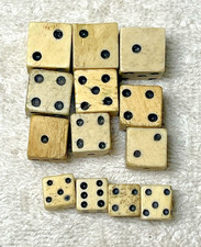 Antique Bone Dice Lot: 13 Hand Cut Black Pips Vintage Gaming Two Sizes Folk Art picture