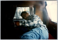 Vtg Color Snapshot Man Plaid Flannel Shirt Glasses Van Camper Interior 1990s picture