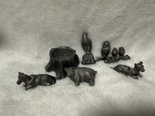 LOT OF 7 PEWTER MINIATURE PIECES AMERICAN EAGLE OWL FAMILY PIG COW TREE STUMP picture