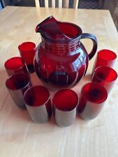Anchor Hocking Ruby Red Depression Glass Roly Poly Large Ball Pitcher 8 glasses picture