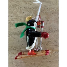 Vintage Wooden Penguin Skiing Christmas Ornament Hand Painted Folk Art 3.5in picture