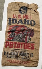 Vtg Indian Chief Head Idaho Potatoes 100 Lb Burlap Sack Kimberly Idaho  picture
