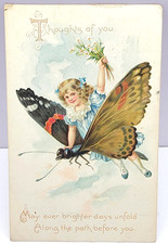 Raphael Tuck Girl Riding Butterfly Fantasy Art Embossed 1909 Antique Postcard picture