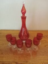 MNT VTG Bohemian Czech Genie Decanter w 6 floral etched Cranberry Glasses picture