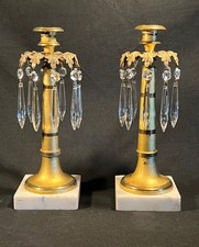 Antique Victorian Girandole Pair Brass Candlestick Lusters w Crystals & Marble picture