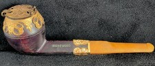 Vintage Fancy Rosewood Smoking Pipe Amber Stem Tobacco Gold Trim & Cover picture
