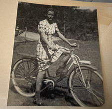 Vintage Snapshot woman on 1938 Elgin Bicycle Photograph Antique girls sears bike picture