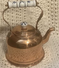 Vintage Copper Tea Kettle with Blue & White Porcelain Handle picture