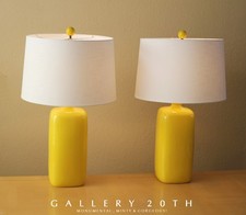 WOW MONUMENTAL PAIR OF 70S YELLOW MID CENTURY MODERN LAMPS HUGE LINEN SHADES picture